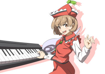 1girl brown_eyes brown_hair collared_vest frilled_hat frilled_vest frills gyouza_(mhea5724) happy hat highres instrument keyboard_(instrument) long_sleeves looking_at_viewer lyrica_prismriver open_mouth red_hat red_vest shirt shooting_star_hat_ornament short_hair smile solo touhou vest white_shirt white_sleeves