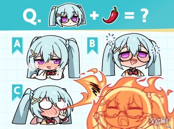 Rule 34 | 1girl, :c, ?, black-framed eyewear, blush, bow, bowtie, breath weapon, breathing fire, burning, chili pepper, chinese commentary, commentary request, drooling, drunk, equation, fire, frown, full-face blush, glasses, grid background, hair ornament, heavy breathing, highres, holding, holding removed eyewear, jitome, mouth drool, multiple views, nose blush, official art, open mouth, purple eyes, raised inner eyebrows, red bow, red bowtie, semi-rimless eyewear, shimiao (stella sora), spicy, squeans, stella sora, twintails, twintails with braided base, under-rim eyewear, unworn eyewear, x hair ornament