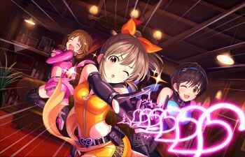 3girls artist_request belt black_boots black_thighhighs blush boots bow breasts brown_eyes brown_hair cleavage closed_eyes dress elbow_gloves fingerless_gloves gloves hair_bow hairband heart highres hori_yuko idolmaster idolmaster_cinderella_girls idolmaster_cinderella_girls_starlight_stage katagiri_sanae lamp large_breasts long_hair low_twintails multiple_girls official_art oikawa_shizuku one_eye_closed open_mouth plant ponytail sexy_guilty_(idolmaster) short_hair short_twintails smile thigh_boots thighhighs twintails zipper