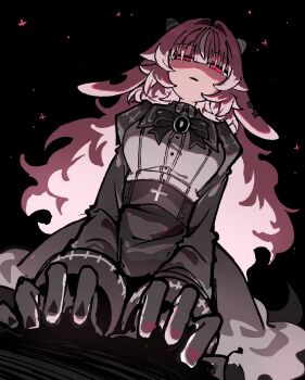 Rule 34 | 1girl, animal ears, bell, black background, black bow, black bowtie, black gloves, black skirt, bow, bowtie, breasts, femme soule, gloves, goat ears, goat horns, hair intakes, highres, horns, large breasts, long hair, long sleeves, multicolored hair, neck bell, odyk, pink eyes, pink hair, pink shirt, puffy hair, puffy sleeves, pukey goddess shot trick, shirt, simple background, skirt, solo, streaked hair, very long hair, white hair