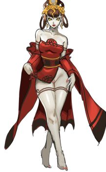 1girl black_hair bottomless earrings hair_ornament hair_rings highres japanese_clothes jewelry looking_at_viewer nuwa_(megami_tensei) presenting presenting_pussy pussy shin_megami_tensei shin_megami_tensei_v simple_background solo sunbeam_(artist) yellow_eyes