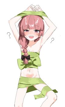 1girl absurdres armpits arms_up bdsm bocchi_the_rock! bondage bound bound_wrists commentary confused fangs highres hiroi_kikuri imasalmonboi naked_ribbon navel open_mouth red_eyes red_hair ribbon solo stomach