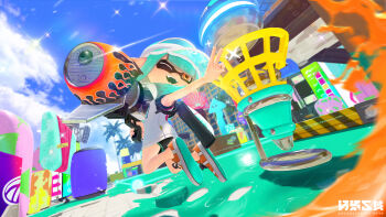 1girl 3d_background absurdres aqua_hair arm_up black_shorts blue_sky blunt_bangs blurry blurry_foreground cloud day dutch_angle fangs female_focus flame_print flat_chest full_body glint hand_up happy highres hime_cut holding holding_weapon in-universe_location ink_tank_(splatoon) inkling inkling_girl inkling_player_character jumping legs long_hair looking_afar looking_back motion_blur nintendo one_eye_closed open_mouth orange_eyes orange_shoes osen_kuiki outdoors outstretched_arm palm_tree pointy_ears range_blaster_(splatoon) see-through_clothes see-through_hat shirt shoe_soles shoes short_shorts shorts sidelocks sky sleeveless sleeveless_shirt smile solo sparkle splatoon_(series) splatoon_3 splatter teeth tentacle_hair tentacles tree trigger_discipline v visor_cap watermark wave_breaker_(splatoon) weapon white_shirt wink