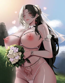 1girl absurdres black_hair bouquet bracelet breasts bridal_veil brown_eyes character_request cloud commission copyright_request earrings flower hair_flower hair_ornament heart heart_tattoo highres jewelry large_breasts mad_kimo multicolored_hair nipples panties parted_lips pubic_tattoo ring rose shiny_skin solo split-color_hair tattoo underwear veil white_flower white_hair white_panties white_rose