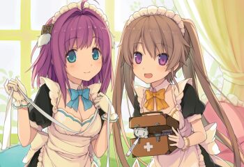 2girls ahoge ao_no_kanata_no_four_rhythm apron aqua_eyes arisaka_mashiro blue_bow blue_bowtie blush bow bowtie breasts brown_hair cleavage closed_mouth collar curtains detached_collar first_aid_kit gloves hair_intakes hands_up holding holding_first_aid_kit ichinose_rika indoors juliet_sleeves long_hair long_sleeves looking_at_viewer maid maid_apron maid_headdress medium_breasts medium_hair multiple_girls official_art open_mouth puffy_sleeves purple_eyes purple_hair short_sleeves smile suzumori twintails white_collar white_gloves white_headdress yellow_bow yellow_bowtie