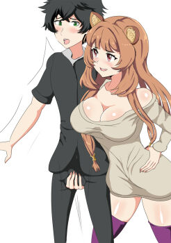 1boy 1girl animal_ears breasts cleavage hand_on_own_hip highres iwatani_naofumi pakku_(artist) purple_thighhighs raphtalia squeezing_testicles tate_no_yuusha_no_nariagari testicles thighhighs