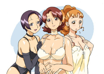 3girls arm_hug black_bra black_gloves black_panties blush bra breast_suppress breasts chemise choker cirima cleavage curly_hair elbow_gloves female_focus fujiwara_reiko gloves harukaze_haruka jewelry large_breasts lineup lingerie long_hair looking_at_viewer looking_down mature_female multiple_girls nail_polish necklace ojamajo_doremi okamura_atsuko orange_eyes orange_hair ornate_ring panties ponytail purple_eyes purple_hair red_eyes red_hair ring short_hair simple_background smile sweatdrop underwear underwear_only volvox wedding_ring white_bra white_panties
