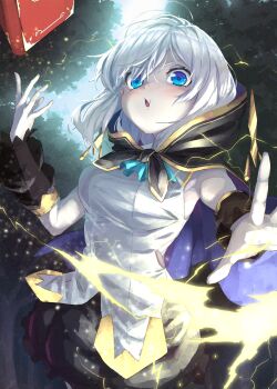 1girl ars_almal ascot blue_ascot blue_eyes blush book breasts electricity electrokinesis floating floating_book floating_object hair_between_eyes harukaze_shizuru highres looking_at_viewer nijisanji open_mouth pale_skin pout shirt short_hair sideboob solo virtual_youtuber white_hair white_shirt