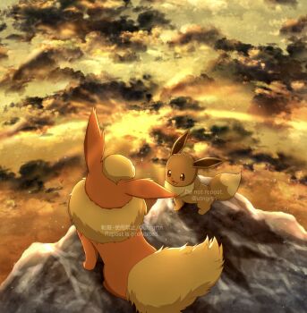 absurdres brown_eyes cliff cloud cloudy_sky commentary_request eevee evolutionary_line flareon full_body fuyu_(utngrtn) gen_1_pokemon highres nintendo no_humans open_mouth orange_sky outdoors pokemon pokemon_(creature) sky twilight