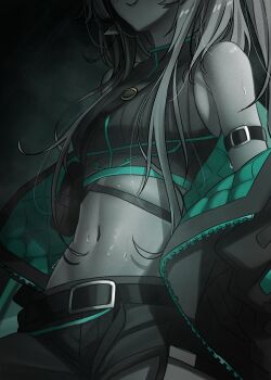 1girl absurdres arm_belt armpit_crease belt belt_buckle black_belt black_jacket black_shorts buckle closed_mouth commentary crop_top english_commentary green_theme green_trim grey_hair head_out_of_frame highres jacket jacket_partially_removed kay_yu long_hair navel nijisanji nijisanji_en open_clothes open_jacket partially_colored pomu_rainpuff pomu_rainpuff_(3rd_costume) pouch quilted_jacket shorts skindentation smile solo stomach sweat virtual_youtuber