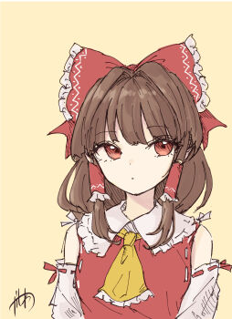 1girl ascot bare_shoulders blunt_bangs bow breasts brown_hair closed_mouth collar commentary_request detached_sleeves dot_mouth dot_nose eyelashes frilled_ascot frilled_bow frilled_collar frilled_hair_tubes frills hair_bow hair_tubes hakurei_reimu highres kashiwada_kiiho long_hair looking_at_viewer portrait red_bow red_eyes red_ribbon red_vest ribbon ribbon-trimmed_sleeves ribbon-trimmed_vest ribbon_trim signature simple_background small_breasts solo swept_bangs touhou vest white_ribbon white_sleeves yellow_ascot yellow_background