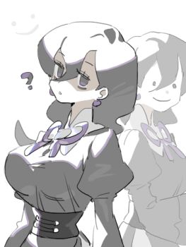 1girl 1other :o ? black_dress black_hair breasts disguise ditto dress earrings eyeliner gen_1_pokemon hair_between_eyes hex_maniac_(pokemon) hex_maniac_(pokemon_legends:_z-a) huge_breasts jewelry juliet_sleeves large_breasts long_hair long_sleeves makeup neck_ribbon nintendo open_mouth own_hands_together pokemon pokemon_legends:_z-a pokemon_pokopia puffy_sleeves purple_eyeliner purple_eyes purple_nails raine_(acke2445) raised_eyebrows ribbon shaded_face sweat teeth transformed_ditto turtleneck upper_body upper_teeth_only