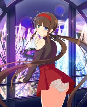 1girl ahoge ass black_ribbon black_shirt black_sweater blue_eyes blunt_bangs blush body_blush brown_hair christmas_lights clothing_cutout from_behind green_eyes hair_ribbon hairband heterochromia indoors lace lace_panties lens_flare long_hair looking_at_viewer looking_back low_twintails miniskirt non-web_source official_art panties pantyshot pleated_skirt railing red_hairband red_skirt ribbon ryoubi_(senran_kagura) senran_kagura senran_kagura_new_link senran_kagura_shinovi_versus shirt shoulder_cutout skirt smile solo sparkle sweater turtleneck twintails underwear very_long_hair white_panties window yaegashi_nan