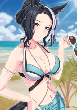 1girl animal_ears beach bikini black_hair blue_sarong blue_sky blush braid braided_bun breasts breasts_day cloud collarbone day good_breasts_day hair_bun highres holding holding_removed_eyewear horse_ears horse_girl horse_tail large_breasts long_hair looking_at_viewer mejiro_ramonu_(umamusume) mole mole_under_eye multicolored_bikini multicolored_hair norizou ocean outdoors parted_lips purple_eyes sarong sky smile solo streaked_hair sunglasses swimsuit tail umamusume unworn_eyewear water white_hair