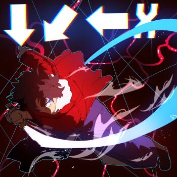 1girl black_background black_hair blue_kimono command_input fighting_game highres holding holding_knife jacket japanese_clothes kara_no_kyoukai kimono knife melty_blood red_jacket ryougi_shiki short_hair solo tsukihime yohanwrks