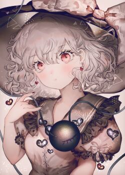 1girl alternate_eye_color alternate_hair_color black_hat bow breasts closed_mouth commentary_request contrast_collar earrings expressionless frilled_shirt_collar frilled_sleeves frills hair_between_eyes hat hat_bow heart heart_earrings jewelry komeiji_koishi looking_at_viewer majamari nail_polish puffy_short_sleeves puffy_sleeves red_eyes red_nails shirt short_hair short_sleeves sleeve_bow small_breasts solo third_eye touhou upper_body white_hair white_shirt