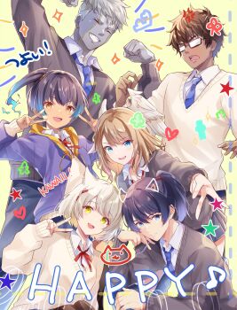 3boys 3girls alternate_costume animal_ears black_cardigan black_hair black_skirt blue_eyes blue_hair blue_jacket blue_necktie brown_eyes brown_hair cardigan cat_ears cat_girl closed_eyes collared_shirt commentary_request contemporary dark-skinned_female dark-skinned_male dark_skin double_v english_text eunie_(xenoblade) feathered_wings glasses gradient_hair green_background grey_skirt grin happy head_rest head_wings heart high_ponytail highres jacket lanz_(xenoblade) long_sleeves looking_at_viewer medium_hair mio_(xenoblade) multicolored_hair multiple_boys multiple_girls neck_ribbon necktie noah_(xenoblade) opaque_glasses open_mouth pleated_skirt ponytail rectangular_eyewear red_ribbon ribbon school_uniform sena_(xenoblade) shirt short_hair skirt smile star_(symbol) taion_(xenoblade) ui_frara v white_hair white_shirt white_wings wings xenoblade_chronicles_(series) xenoblade_chronicles_3 yellow_cardigan yellow_eyes