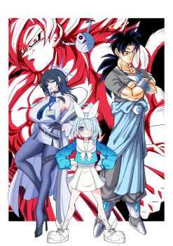 1boy 2boys 2girls absurdres aged_up alternate_breast_size_(larger) arona_(blue_archive) bandaid bandaid_on_face bandaid_on_nose black_eyes black_gloves black_hair blue_archive blue_eyes blue_hair blue_halo blue_necktie blue_shirt blush braid breasts broly_(dragon_ball_z) bronger_z choker closed_mouth coat commentary_request crossed_arms crossover dragon_ball dress facial_scar full_body giru_(dragon_ball) gloves grey_shirt hair_over_one_eye hairband halo hands_on_own_hips high_heels highres large_breasts long_hair long_sleeves looking_at_viewer multicolored_hair multiple_boys multiple_girls muscular muscular_male necktie open_clothes open_coat pants pantyhose pectorals pink_hair pleated_skirt ponytail sailor_collar saori_(blue_archive) scar scar_on_cheek scar_on_face school_uniform serafuku shirt shoes short_hair single_braid skirt sleeveless sleeveless_shirt smile son_goku spiked_hair standing white_choker white_coat white_dress white_hairband white_sailor_collar white_skirt
