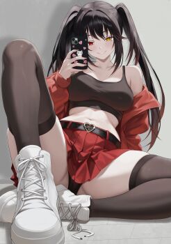 1girl absurdres arm_behind_back bare_shoulders black_hair black_panties black_tank_top blush breasts cellphone clock_eyes clothes_pull crop_top date_a_live flip_phone full_body grin hand_up heart_belt heterochromia highres jacket jacket_pull knees_apart_feet_together legs long_hair medium_breasts miniskirt navel off_shoulder on_floor open_clothes open_jacket panties phone pleated_skirt red_eyes red_jacket red_skirt sitting skirt smile solo spread_legs stomach sunshine_(6_s.u.n.s.h.i.n.e_9) symbol-shaped_pupils tank_top thighhighs thighs tokisaki_kurumi twintails underwear upskirt very_long_hair yellow_eyes
