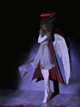1girl absurdres angel angel_wings axe bandaged_arm bandaged_leg bandages black_hair blood blood_on_axe blood_on_ground columbina_(genshin_impact) dark_background dress finger_to_mouth fuyutsuki11 genshin_impact halo head_wings highres holding holding_axe long_hair looking_at_viewer multicolored_hair red_eyes red_halo shushing solo streaked_hair very_long_hair white_dress wings x-shaped_eyewear