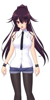 Rule 34 | 1girl, black pantyhose, breasts, casual, denim, denim shorts, game cg, genseishinki sacred virth, large breasts, large variant set, long hair, looking at viewer, necktie, non-web source, official art, open mouth, pantyhose, pantyhose under shorts, ponytail, purple hair, red eyes, shirt, short shorts, shorts, sleeveless, solo, transparent background, variant set, wristband, yuugure pairo, yuuki setsu