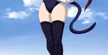 1girl animal_ears animated animated_gif boots breasts cat_ears cat_tail cloud day emblem erza_scarlet fairy_tail fairy_woman fake_ears female_focus fishnet_thighhighs fishnets gloves hair_ribbon hands_on_own_hips impossible_clothes impossible_leotard leather leotard lowres mask red_hair ribbon skin_tight solo tail thigh_boots thighhighs