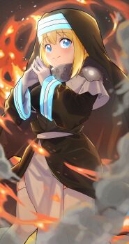 Rule 34 | 1girl, absurdres, blonde hair, blue eyes, blush, capelet, closed mouth, elbow gloves, en'en no shouboutai, gimi 00, gloves, highres, iris (en'en no shouboutai), looking at viewer, nun, solo, thighhighs, veil, white gloves, white thighhighs