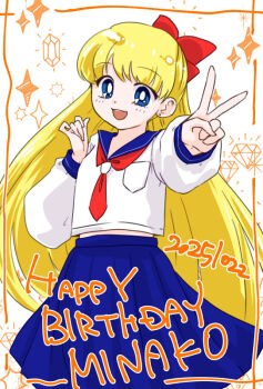 Rule 34 | 1girl, aino minako, bishoujo senshi sailor moon, blonde hair, blue eyes, blue skirt, bow, breast pocket, hair bow, lialiali, long hair, medium skirt, neckerchief, pleated skirt, pocket, red bow, red neckerchief, sailor collar, school uniform, shiba koen middle school uniform, skirt, smile, solo