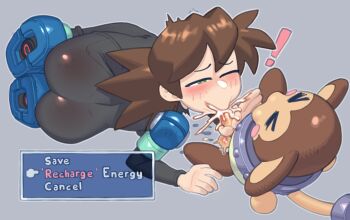 1girl armor ass bodysuit breasts brown_hair capcom cum cum_in_mouth darkbot data_(mega_man) fellatio genderswap genderswap_(mtf) highres medium_breasts mega_man_(series) mega_man_legends_(series) mega_man_volnutt oral torn_clothes