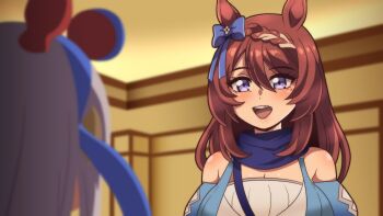 Rule 34 | 2girls, animal ears, blue eyes, blue hairband, blush, bow, braid, braided ponytail, breasts, brown hair, commentary, cosplay, ear bow, ear covers, ear ornament, ear ribbon, english commentary, grey hair, hair between eyes, hairband, headband, highres, horse ears, horse girl, large breasts, long hair, low-tied long hair, multicolored hair, multiple girls, open mouth, red headband, seireiart, shirt, smile, streaked hair, striped clothes, striped hairband, super creek (murmuring stream) (umamusume), super creek (umamusume), super creek (umamusume) (cosplay), tamamo cross (umamusume), tamamo cross (with lightning speed) (umamusume), umamusume, umamusume: cinderella gray, very long hair, white hair