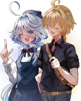 Rule 34 | 1boy, 1girl, aether (genshin impact), bag, belt, beret, bimmy, black bow, black bowtie, black hat, black pants, black shirt, black skirt, black vest, blonde hair, blue eyes, blue hair, bow, bowtie, brown bag, closed eyes, commentary, english commentary, furina (genshin impact), genshin impact, hat, highres, long sleeves, multicolored hair, one eye closed, open mouth, pants, shirt, shoulder bag, skirt, smile, streaked hair, vest, white hair, white shirt