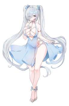 absurdres ankle_ribbon armlet ash_(cat7evy) blue_bow blue_dress blue_eyes bow breasts cinderella_(glass_princess)_(nikke) cinderella_(nikke) closed_mouth collarbone commentary dated dot_nose dress english_commentary eyes_visible_through_hair feet forehead frilled_dress frills full_body glass_slipper gloves goddess_of_victory:_nikke gold_armlet hair_bow hair_ornament half_gloves hand_on_own_chest high_heels highres large_breasts leg_ribbon legs legs_together long_hair looking_at_viewer navel official_alternate_costume parted_bangs ribbon see-through_clothes see-through_footwear side_slit signature standing thighs toes twintails twitter_username white_background white_gloves ||/