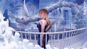 absurdres blonde_hair building denim high-waist_pants highres jeans jujutsu_kaisen looking_at_viewer looking_back muscular muscular_female naofaro pants shikigami shirt sleeveless sleeveless_shirt smile toned toned_female tsukumo_yuki_(jujutsu_kaisen) upper_body