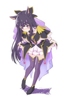 Rule 34 | absurdres, alternate costume, animal ears, blush, clothes lift, commentary request, cosplay, cure arcana shadow, cure arcana shadow (cosplay), frilled cuffs, highres, kasumi (princess connect!), long hair, looking down, princess connect!, purple veil, simple background, skirt, skirt lift, veil, white background