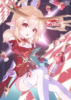 1girl alice_(genshin_impact) alice_(genshin_impact)_(cosplay) black_gloves blonde_hair chess_piece commentary_request cosplay detached_sleeves dress genshin_impact gloves hair_between_eyes highres jumpy_dumpty klee_(genshin_impact) kyuri_senbei long_hair looking_at_viewer low_twintails open_mouth pointy_ears red_dress sidelocks solo thighhighs twintails white_thighhighs