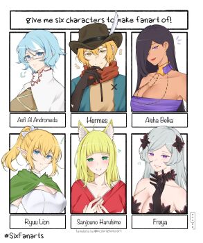 Rule 34 | 1boy, 5girls, aisha belka, animal ears, asufi al andromeda, black hair, blonde hair, blue eyes, blue hair, breasts, cleavage, collarbone, dungeon ni deai wo motomeru no wa machigatteiru darou ka, fox ears, freya (danmachi), glasses, green eyes, grey hair, hair ornament, hat, hermes (danmachi), large breasts, lipstick, long hair, makeup, multiple drawing challenge, multiple girls, pointy ears, ponytail, purple eyes, ryu lion, sanjouno haruhime, six fanarts challenge, smile