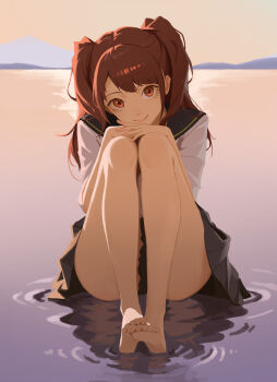 1girl barefoot black_sailor_collar black_skirt brown_eyes brown_hair closed_mouth head_rest highres holding_legs kujikawa_rise long_hair looking_at_viewer on_water persona persona_4 pleated_skirt remo_reko23 sailor_collar school_uniform shirt skirt smile solo sunset twintails white_shirt yasogami_school_uniform