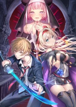 1boy 2girls aqua_eyes backless_dress backless_outfit bare_shoulders black_boots black_cloak black_dress black_veil blonde_hair blood bloody_tears blue_flower boots breasts brown_eyes choker chris_esse_eisbert cleavage cloak clothing_cutout commentary_request danshi_kinsei_game_sekai_de_ore_ga_yarubeki_yuiitsu_no_koto_yuri_no_ma_ni_hasamaru_otoko_to_shite_tensei_shite_shimaimashita detached_sleeves dress earrings fair_lady_(yurihasa) flower grin hairband haishiki highres holding holding_sword holding_wand holding_weapon hood hooded_cloak jewelry katana large_breasts long_hair mole mole_under_eye multiple_girls multiple_piercings necklace necktie nun official_art open_mouth own_hands_clasped own_hands_together pink_eyes pink_hair red_hairband red_necktie sanjou_hiiro school_uniform short_hair side_cutout smile sword thigh_boots veil wand weapon