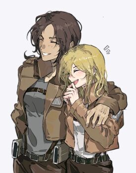 2girls ^_^ arm_around_neck blonde_hair blush brown_hair brown_jacket brown_pants chest_belt chinese_commentary closed_eyes commentary_request cowboy_shot erenjaeger47993 facing_ahead grey_shirt grin hand_to_own_mouth highres jacket krista_lenz military_uniform multiple_girls open_clothes open_jacket pants shingeki_no_kyojin shirt simple_background smile tan training_corps_(emblem) undershirt white_background white_shirt ymir_(shingeki_no_kyojin) yuri