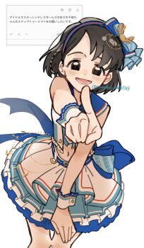 Rule 34 | 1girl, black hair, blue sailor collar, blush, bow hairband, commentary request, crop top, feet out of frame, hairband, highres, idol clothes, idolmaster, idolmaster cinderella girls, idolmaster cinderella girls starlight stage, layered skirt, midriff, nanoha sksk589, navel, odaibako, official alternate costume, pointing, pointing at viewer, request inset, sailor collar, sasaki chie, shirt, short hair, simple background, skirt, sleeveless, sleeveless shirt, smile, solo, translation request, twitter username, white background, wrist cuffs