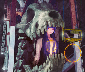 1girl blue_hair blunt_bangs closed_eyes giant giantess long_hair machine original skull solo stairs teeth toy(e) upper_body yuugai_choujuu