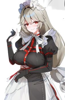 1girl alexandrina_sebastiane black_dress black_gloves breasts commentary cowboy_shot desire_(des1re) dress gloves grey_hair hair_between_eyes highres large_breasts long_hair looking_at_viewer low-tied_long_hair maid maid_headdress partially_fingerless_gloves red_eyes simple_background smile solo very_long_hair white_background zenless_zone_zero