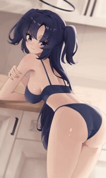 1girl ass blue_archive blush bra breasts closed_mouth commentary_request halo highres indoors light_smile long_hair looking_at_viewer mechanical_halo panties purple_bra purple_eyes purple_hair purple_panties solo stellated_icosahedron tagme twintails underwear very_long_hair yuuka_(blue_archive)