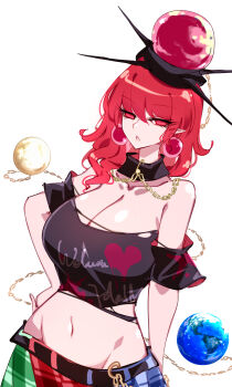 1girl bare_shoulders black_shirt breasts chain cleavage collarbone commentary_request earth_(ornament) hand_on_own_hip hecatia_lapislazuli highres large_breasts looking_at_viewer medium_hair midriff moon_(ornament) multicolored_skirt navel off-shoulder_shirt off_shoulder parted_lips plaid_clothes plaid_skirt pointy_ears raptor7 red_eyes red_hair shirt skirt solo t-shirt touhou underworld_(ornament) upper_body wavy_hair
