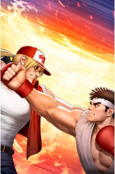 2boys absurdres blonde_hair border capcom dougi dutch_angle face-to-face fingerless_gloves game_cg gloves hat headband highres jacket mma_gloves mori_toshiaki multiple_boys non-web_source official_art ponytail promotional_art punching red_gloves red_jacket ryu_(street_fighter) sleeveless sleeveless_jacket snk street_fighter terry_bogard torn_clothes torn_sleeves veins veiny_arms white_border white_headband