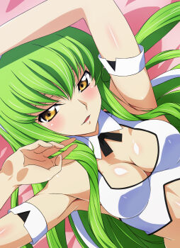 1girl absurdres armpits blush breasts c.c. cleavage cleavage_cutout clothing_cutout code_geass commentary green_hair hair_spread_out highres long_hair looking_at_viewer lying medium_breasts on_back parted_lips shou937 solo yellow_eyes