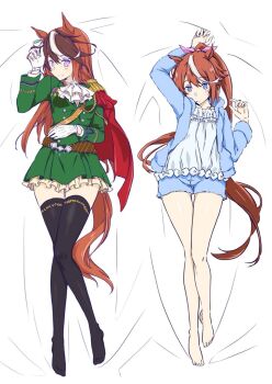 Rule 34 | 2girls, alternate costume, animal ear earrings, animal ears, arm up, asagi501, ascot, bare legs, barefoot, belt, black thighhighs, blue eyes, blue jacket, blue shorts, breasts, brown belt, brown hair, commentary request, dakimakura (medium), dress, earrings, epaulettes, flat chest, frilled shirt, frills, full body, gloves, green dress, hair ribbon, hand on own stomach, hand up, horse ears, horse girl, horse tail, jacket, jewelry, long hair, long sleeves, lying, messy hair, multicolored hair, multiple girls, on back, open clothes, open jacket, pink ribbon, ribbon, shirt, short dress, short shorts, shorts, simple background, single earring, single epaulette, small breasts, streaked hair, symboli rudolf (emperor's path) (umamusume), symboli rudolf (umamusume), tail, thighhighs, tokai teio (umamusume), two-tone hair, umamusume, very long hair, white ascot, white background, white gloves, white hair, white shirt, zettai ryouiki
