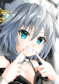 1girl aqua_eyes bare_shoulders black_dress date_a_live dress grey_hair grin highres honjou_nia honjou_nia_(spirit) long_sleeves looking_at_viewer nun short_hair smile solo suzuki_(white-world) teeth v-shaped_eyebrows wimple