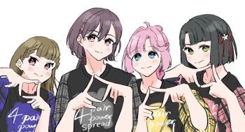 4girls 5th_live_tour_~4pair_power_spread!!!!~ ahoge anyoji_hime black_hair black_shirt blunt_bangs bob_cut braid brown_hair center-flap_bangs commentary_request diamond_hands flower flower_knot green_eyes hair_flower hair_ornament hasu_no_shousankaku jellyfish_cut kachimachi_kosuzu katsuragi_izumi link!_like!_love_live! llkapital long_hair looking_at_viewer love_live! momose_ginko multi-tied_hair multiple_girls pink_hair plaid_clothes plaid_sleeves ponytail shirt short_hair short_sleeves side_braids simple_background triangle_hair_ornament virtual_youtuber white_background white_flower