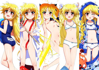 :d ass bardiche_(nanoha) black_ribbon blonde_hair blush bra breasts collarbone commentary_request fate_testarossa highres light_smile long_hair lyrical_nanoha mahou_shoujo_lyrical_nanoha mahou_shoujo_lyrical_nanoha_a's miyajima_hitoshi navel nude open_mouth red_eyes ribbon school_swimsuit small_breasts smile swimsuit training_bra twintails underwear very_long_hair white_ribbon